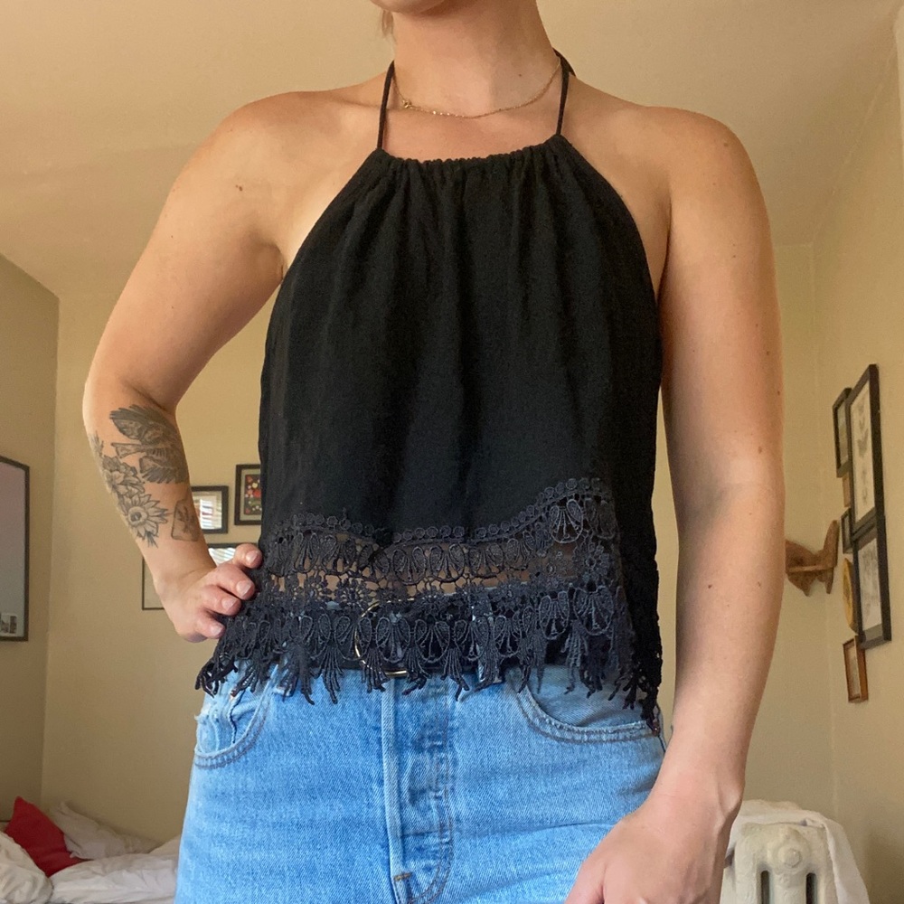 Black lace detail low back halter top